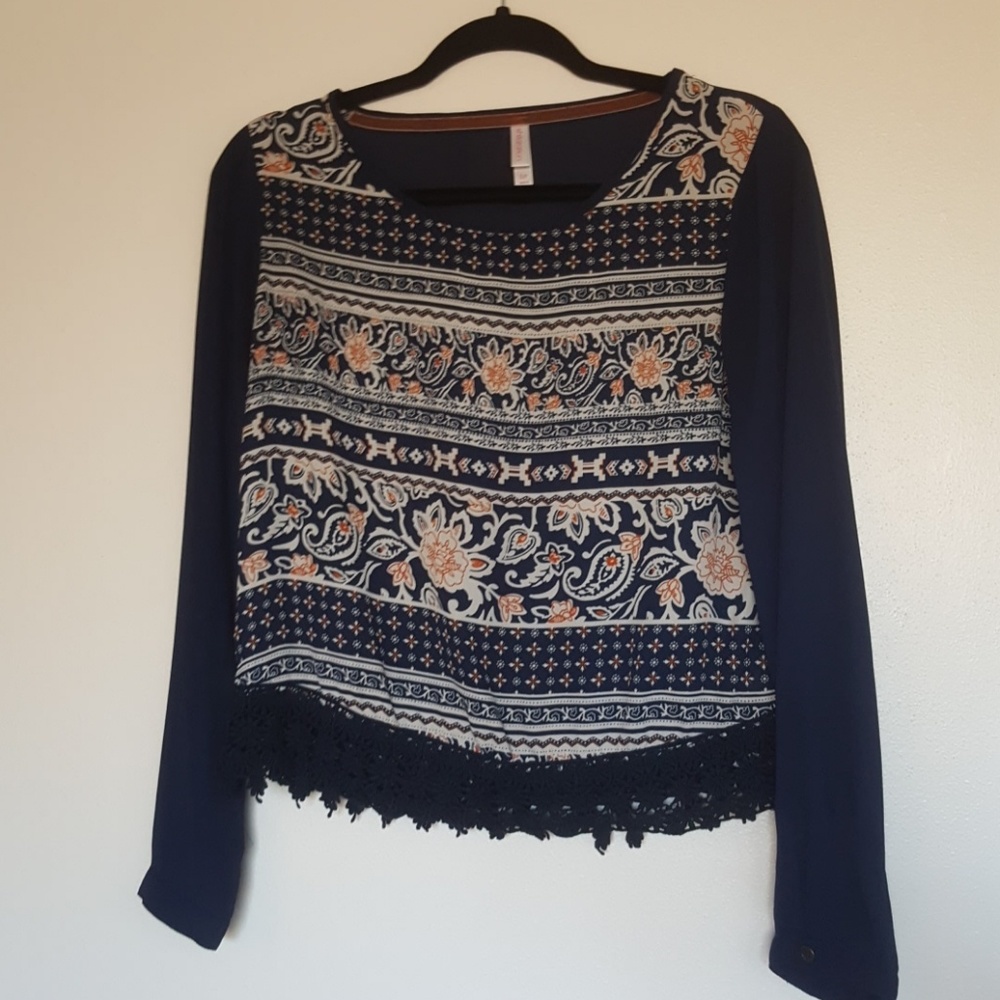 Navy and Orange Patterned Blouse